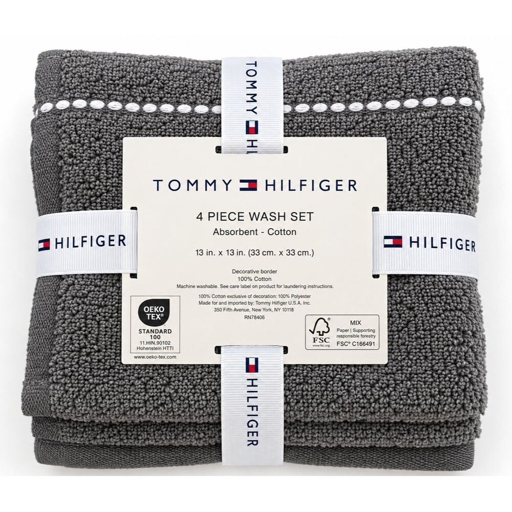 Tommy Hilfiger Logo Gray White 100% Cotton Set of 4 Washcloths Facecloths 13X13"